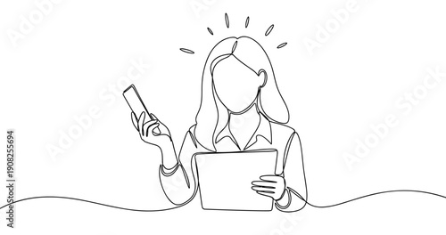 Young caucasian female with phone and tablet in minimalist line drawing. No editable stroke
