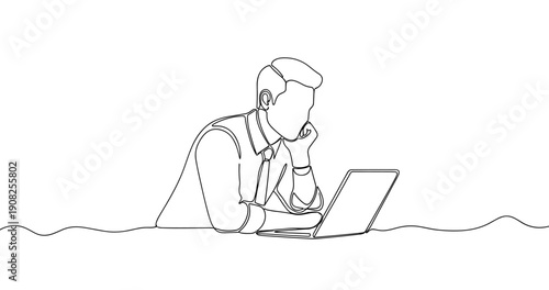 Contemplative young caucasian male working on laptop. No editable stroke