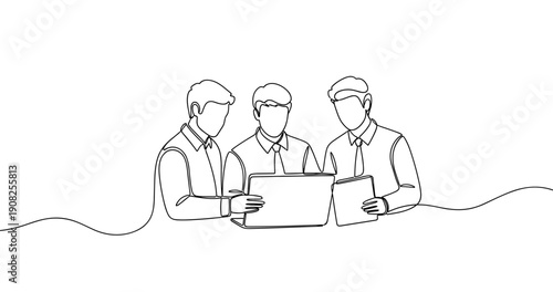 Three young adult caucasian males collaborating with laptop and tablet in minimalist line art. No editable stroke