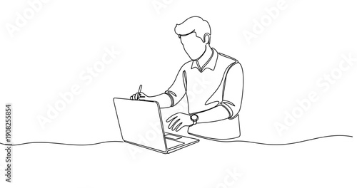 Line art illustration of young caucasian male using laptop. No editable stroke