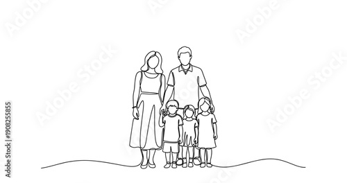 Line art of multiracial family with parents and three children standing together. No editable stroke