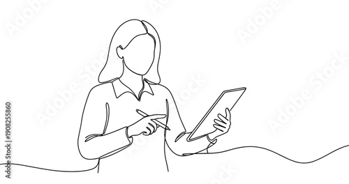 Continuous line art of female holding tablet and stylus. No editable stroke