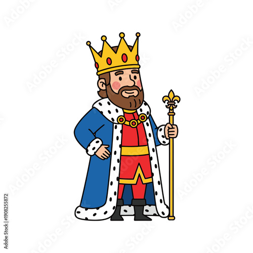 Cartoon King Holding Scepter, Wearing Crown and Royal Robe