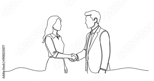 Line drawing of business handshake between young caucasian female and male. No editable stroke
