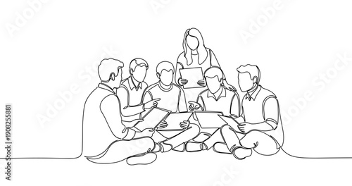 Line art of group collaboration among diverse individuals. No editable stroke