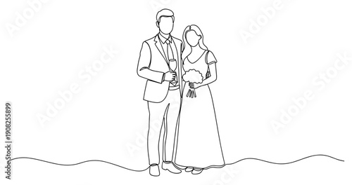 Line drawing of bride and groom holding flowers in wedding attire. No editable stroke