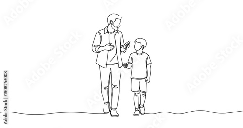 Father and son strolling together line art. No editable stroke