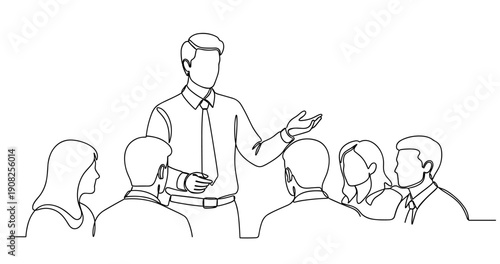 Business presentation by young caucasian male to diverse team. No editable stroke
