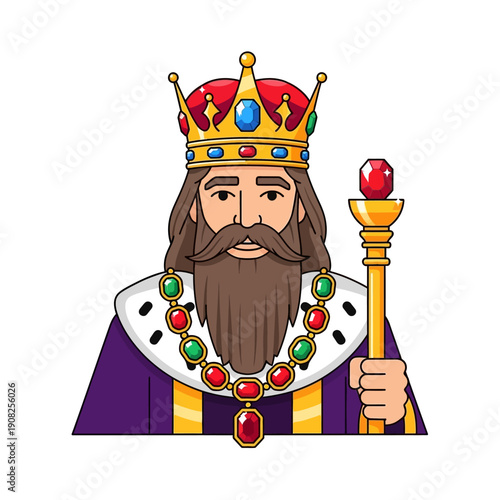 Cartoon King With Crown and Scepter, Royal Ruler, Majestic Leader