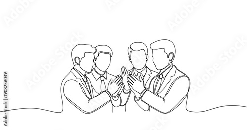Line art of four adult caucasian males in suits collaborating. No editable stroke