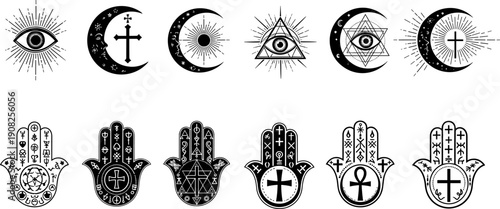 Mystical Esoteric Symbol Set Featuring Hamsa Hand Evil Eye and Celestial Moon Icons for Spiritual Protection Magic and Occult Design Elements