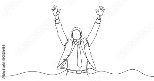 Line art of young caucasian male celebrating success with raised arms. No editable stroke