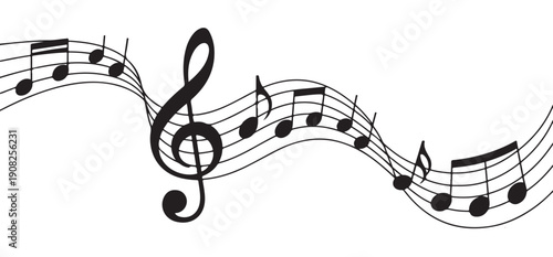 Abstract wave of black musical notes and a treble clef flowing across a pristine white background vector
