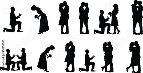 Romantic proposal silhouettes set, couples engagement kneeling kissing hugging love story moments isolated on white background vector illustration collection design