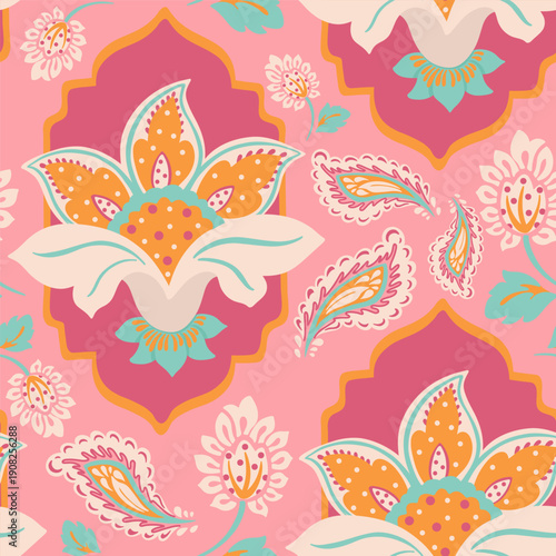 Indian floral ornament. White orange dotted lotus flowers in an oriental frame and paisley on a pink background.  Folk decorative vector seamless pattern. Ethnic ornament illustration.