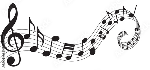 Intricate spiral of black musical notes and a treble clef on a bright white background vector art