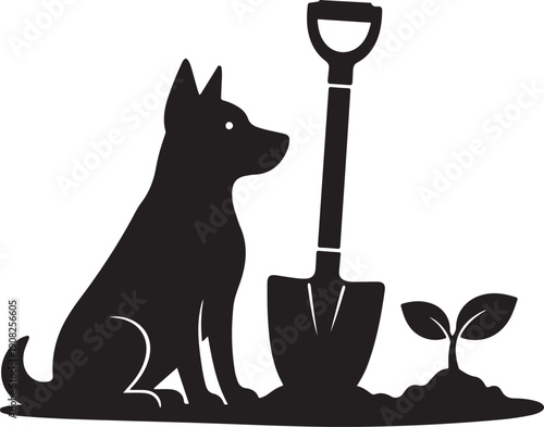 Dog Silhouette Sitting Next to Garden Shovel and Plant Sprout Vector Illustration