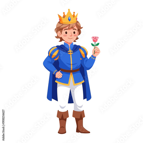 Cartoon Prince Holding Pink Rose Flower, Wearing Crown and Blue Royal Outfit