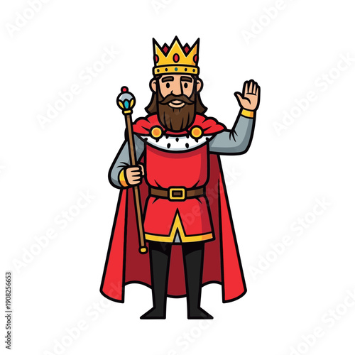 Cartoon King Waving Hello Holding Scepter, Standing Royalty Character