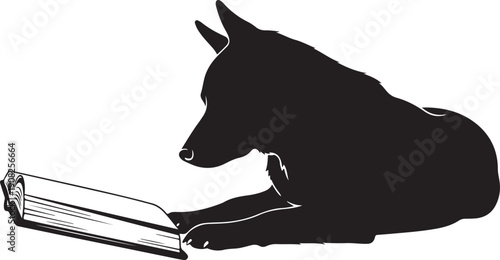 Smart Dog Silhouette Reading a Book Funny Animal Education Concept Vector Illustration