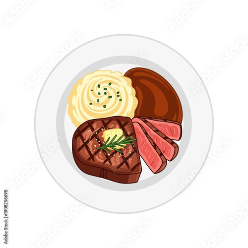 Steak Dinner: Grilled Sirloin, Mashed Potatoes, Gravy, and Rosemary Sprig
