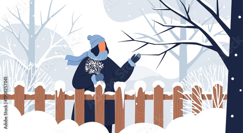 Winter Scene: Person in warm clothes holding flowers in snowy garden