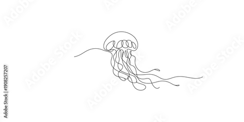 Continuous One Line Drawing of Graceful jellyfish drifting effortlessly through the tranquil underwater currents.