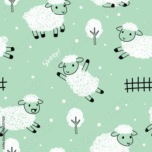 Cute Hand-Drawn Sheep Playtime Seamless Pattern