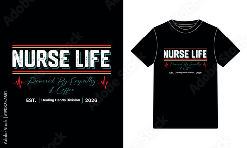 Nurse Life Powered By Empathy and Coffee Retro Vintage Medical Professional T-Shirt Design with Heartbeat EKG