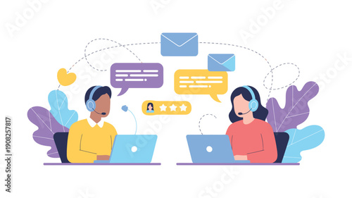 Customer Support Vector Artwork – Representatives Working with Headsets, Chat, and Communication Symbols