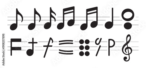 Artistic music staff with various notes and clef symbols for creative layout and musical background designs