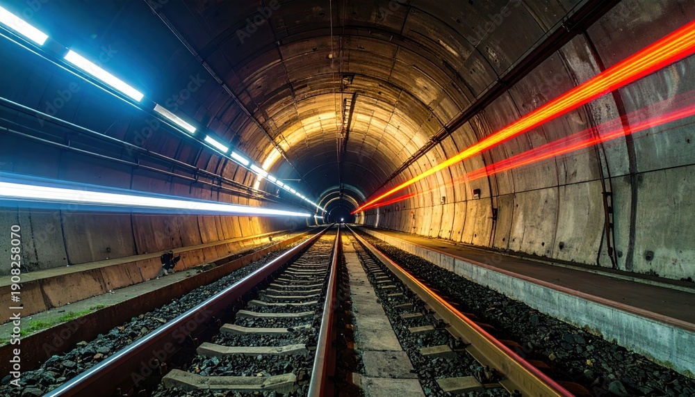 Obraz premium Illuminated Subway Tunnel with Motion Blur and Train Tracks.