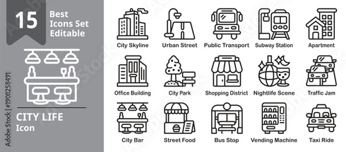 City Life icon set. Contains urban buildings, transportation, lifestyle activities, nightlife, parks, offices, apartments, and daily routines. Editable outline vector illustration.
