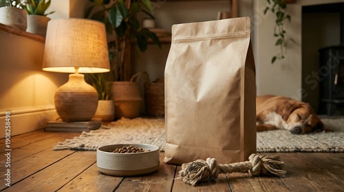 Kraft Paper Pet Food Bag Mockup in Cozy Living Room with Dog