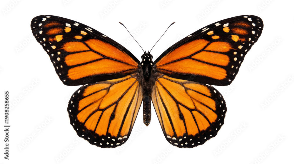Fototapeta premium Monarch butterfly with orange and black wings, detailed patterns, isolated PNG with Transparent Background