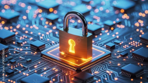 Digital Security Concept: Padlock on Circuit Board with Glowing Keyhole