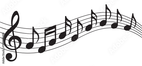 Black musical notes and staff lines gracefully curving across a clean white background, creating a harmonious visual