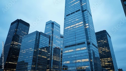 Modern skyscrapers illuminated at dusk with glass facade reflecting city lights