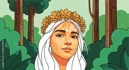 Beautiful woman with white hair and flower crown in forest vector