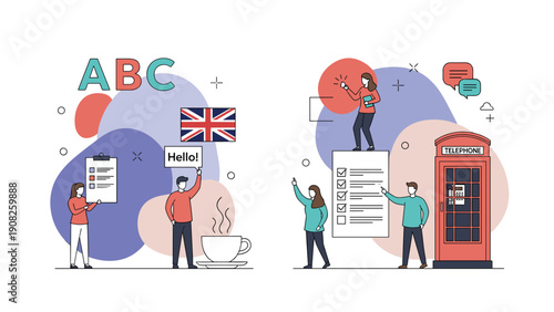 Educational scene showing students learning English with iconic symbols like a red phone booth, British flag, and books.