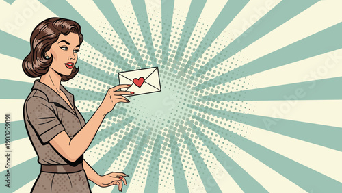 Beautiful retro woman in vintage dress holding a romantic love letter with a red heart on a sunburst pop art background.