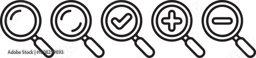 Magnifying glass icons with various symbols for search and inspection tools