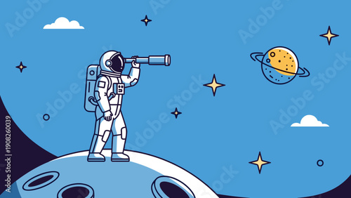 Astronaut standing on the lunar surface looking through a telescope at a distant ringed planet in deep outer space.