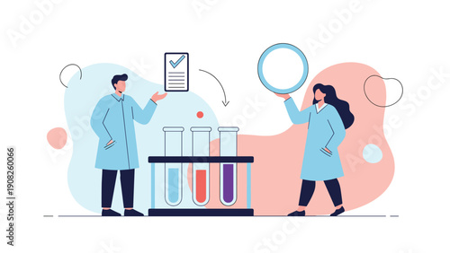 Two scientists in lab coats checking test tubes and recording data in a modern medical laboratory flat illustration.