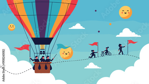 Hot air balloon carrying passengers over clouds with people walking on a path toward future goals and success.