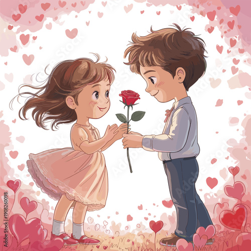 Boy Giving Girl a Red Rose in a Heart- Filled Background