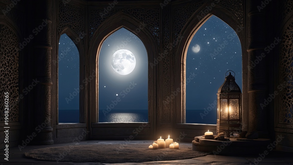 Fototapeta premium Mystical Islamic Window with Crescent Moon – Cinematic Ramadan Night Background