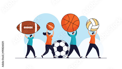 Group of athletes holding up various sports balls including football basketball volleyball and soccer in a row.