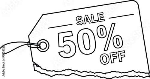 Simple black and white line art drawing depicts a perforated price tag offering a fifty percent off sale promotion for retail clearance events and shopping discounts.