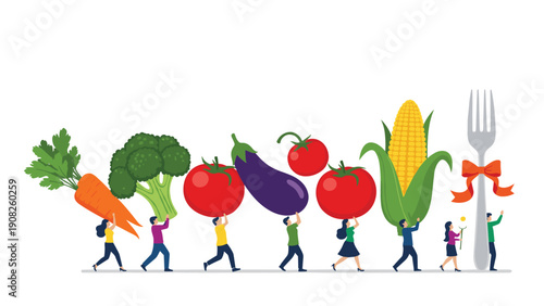 Team of small people carrying huge vegetables like carrots and broccoli toward a giant fork for healthy eating.